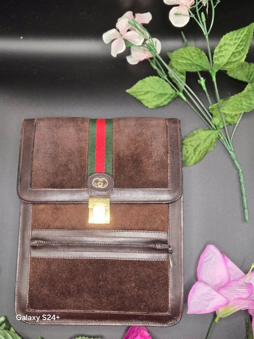 Vintage Gucci Brown Suede Web Stripe Crossbody Messenger Bag
